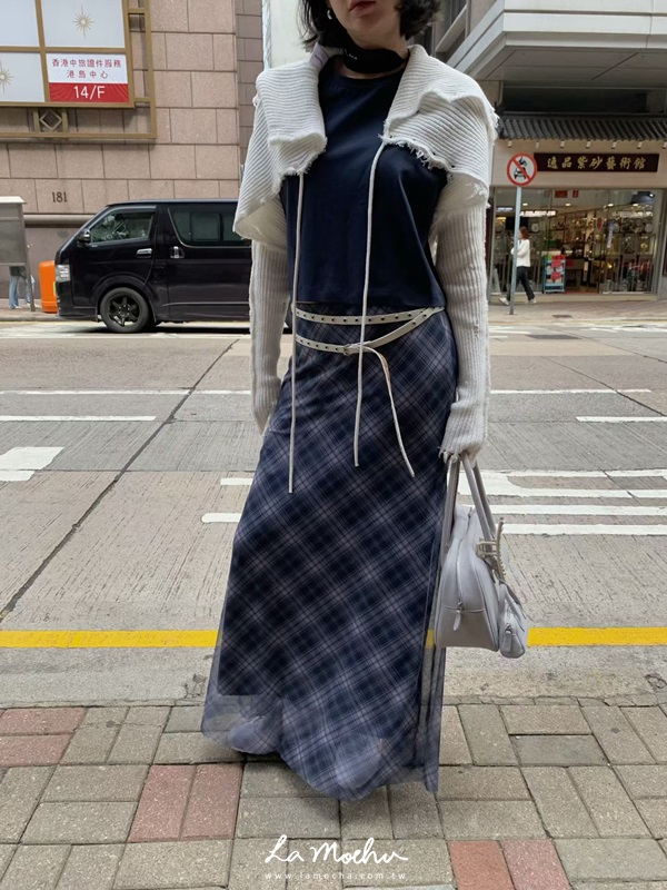 復古格紋雪紡魚尾裙
